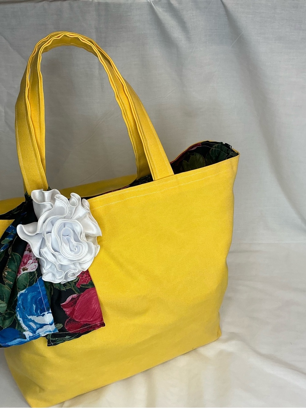 2034 - Handmade Sunny Yellow Canvas Tote with Floral Scarf and Rosette - Picture 4 of 16